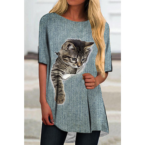 

Women's T Shirt Dress Tee Dress Short Mini Dress Blue Light Blue Half Sleeve Cat Animal Print Spring Summer Round Neck Casual 2021 S M L XL XXL 3XL