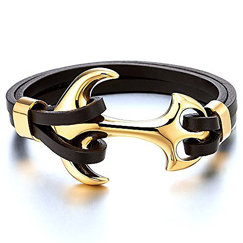 

Mens Large Stainless Steel Gold Color Marine Anchor Bangle Bracelet Genuine Brown Leather Wristband