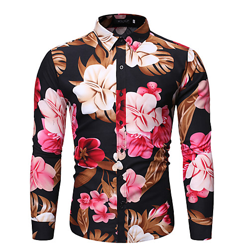

Men's Shirt Other Prints Floral Print Long Sleeve Holiday Tops Casual Tropical Black Navy Blue