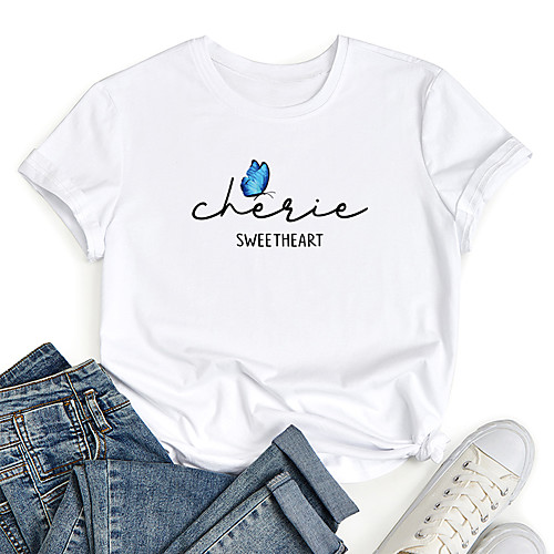 

Women's T shirt Graphic Butterfly Letter Print Round Neck Tops 100% Cotton Basic Basic Top White Black Blue