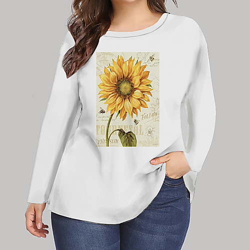 

Women's Plus Size Print Graphic Abstract Floral T shirt Large Size Crewneck Long Sleeve Tops XL XXL 3XL White Yellow Big Size