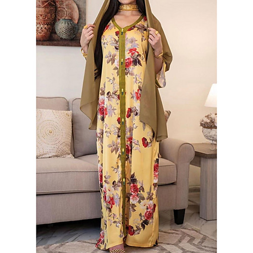 

Women's Kaftan Dress Maxi long Dress Yellow Long Sleeve Print Solid Color Patchwork Summer Round Neck Casual 2021 S M L XL XXL