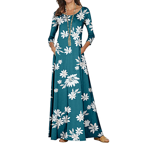 

Women's Sheath Dress Maxi long Dress Blue Long Sleeve Floral Color Block Print Fall Spring Round Neck Casual 2021 S M L XL XXL 3XL