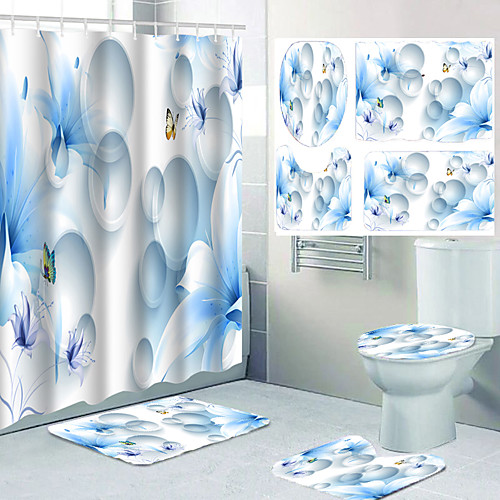 

Butterfly Flower Pattern Printing Bathroom Shower Curtain Leisure Toilet Four-piece Design
