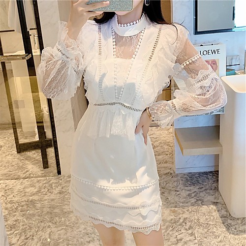 

A-Line Elegant Vintage Homecoming Cocktail Party Dress High Neck Long Sleeve Short / Mini Lace with Tier Lace Insert 2021