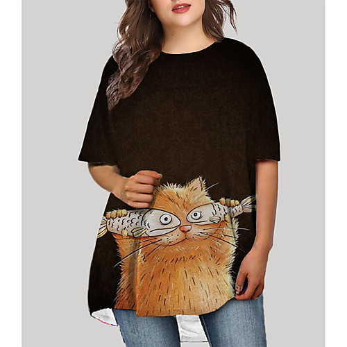 

Women's Plus Size Cat Animal Print Casual Half Sleeve Fall Short Mini Dress T Shirt Dress Tee Dress Khaki