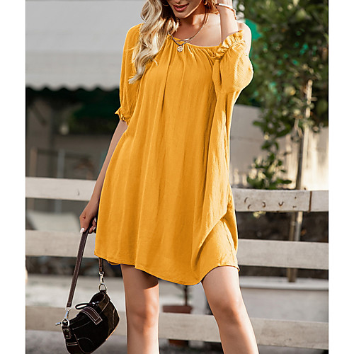 

Women's T Shirt Dress Tee Dress Short Mini Dress Black Blue Yellow Orange Short Sleeve Solid Color Ruffle Summer Boat Neck Elegant 2021 S M L XL