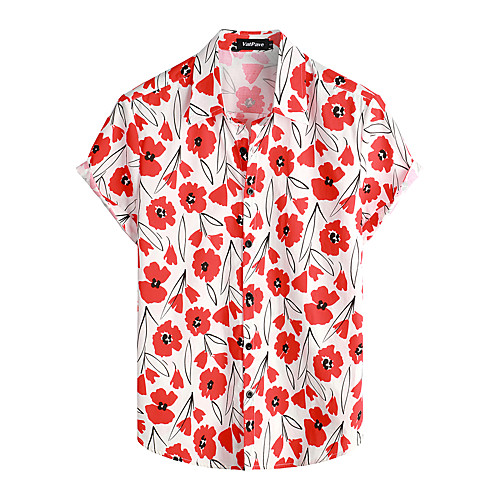

Men's Shirt Floral Short Sleeve Daily Tops 100% Cotton Basic Boho Red / White
