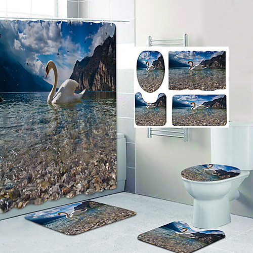 

White Swan Under The Blue Sky Pattern Printing Bathroom Shower Curtain Leisure Toilet Four-Piece Design