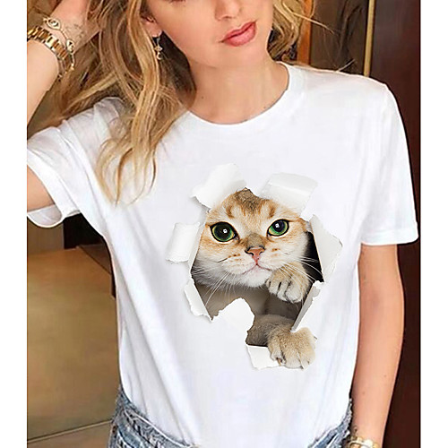 

Women's T shirt Cat Graphic 3D Print Round Neck Tops 100% Cotton Basic Basic Top White Black