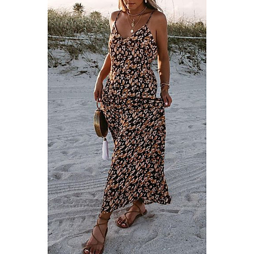 

Women's Shift Dress Maxi long Dress Navy Blue Sleeveless Floral Print Summer V Neck Casual 2021 S M L XL