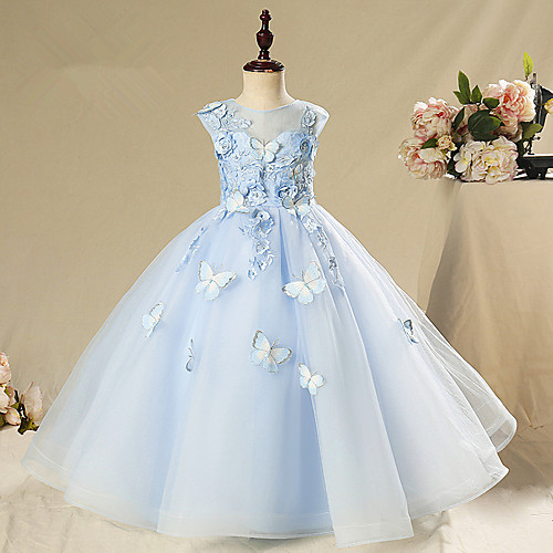 

Princess / Ball Gown Floor Length Wedding / Party Flower Girl Dresses - Tulle Sleeveless Jewel Neck with Appliques