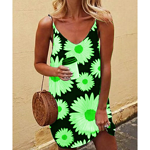 

Women's Strap Dress Short Mini Dress Black Khaki Green Sleeveless Floral Tie Dye Patchwork Summer V Neck Sexy 2021 S M L XL XXL 3XL