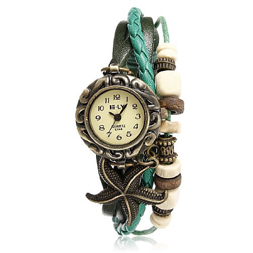 

Women's Quartz Starfish Weave Wrap Synthetic Leather Wrist Watch Dark Green