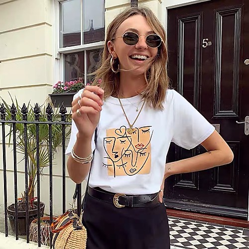 

Women's T shirt Graphic Print Round Neck Tops Cotton Basic Basic Top White Black Purple