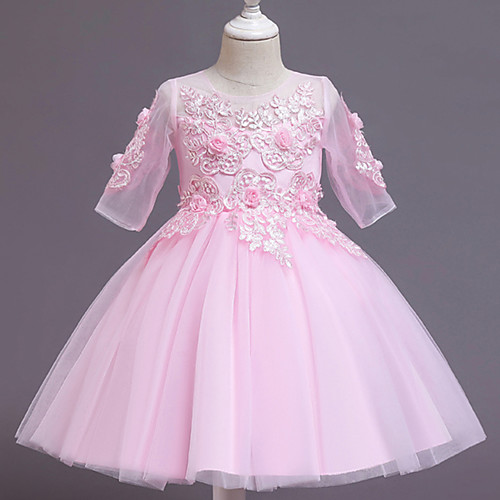 

Ball Gown Knee Length Wedding / Event / Party Flower Girl Dresses - Tulle / Polyester Half Sleeve Jewel Neck with Faux Pearl / Embroidery / Ruching