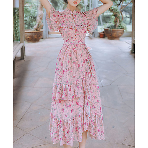 

Sheath / Column Bohemian Floral Holiday Cocktail Party Dress Stand Collar Short Sleeve Tea Length Chiffon with Tier Pattern / Print 2021