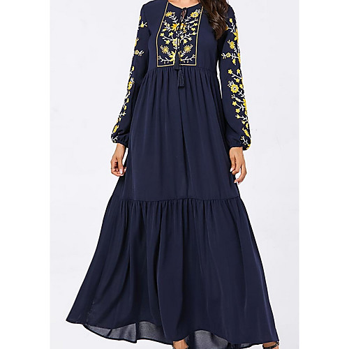 

Women's Kaftan Dress Maxi long Dress Blue Long Sleeve Solid Color Patchwork Summer Round Neck Casual 2021 M L XL XXL 3XL 4XL