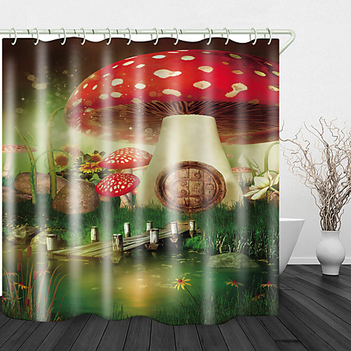 

Beautiful Mushroom House Print Waterproof Fabric Shower Curtain for Bathroom Home Decor Covered Bathtub Curtains Liner Includes with Hooks