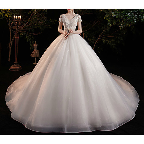 

Princess Ball Gown Wedding Dresses V Neck Chapel Train Lace Tulle Short Sleeve Formal Romantic Sparkle & Shine with Beading Appliques 2021