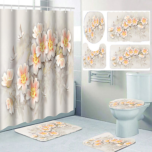 

Beautiful Peach Blossom Pattern Printing Bathroom Shower Curtain Leisure Toilet Four-piece Design