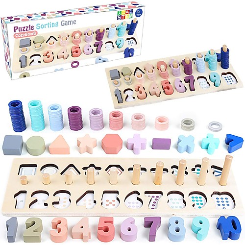 

Wooden Number Puzzle for Kids - Montessori Toys for Toddlers Learning Age 3 4 5 Years Old - Wooden Counting Blocks Sorting Toys Shape Block Educational Toys Preschool Activities Stacking Toy