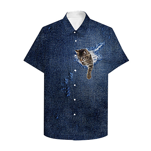 

Men's Shirt 3D Print Cat Graphic Prints Animal Print Short Sleeve Daily Tops Casual Designer Blue