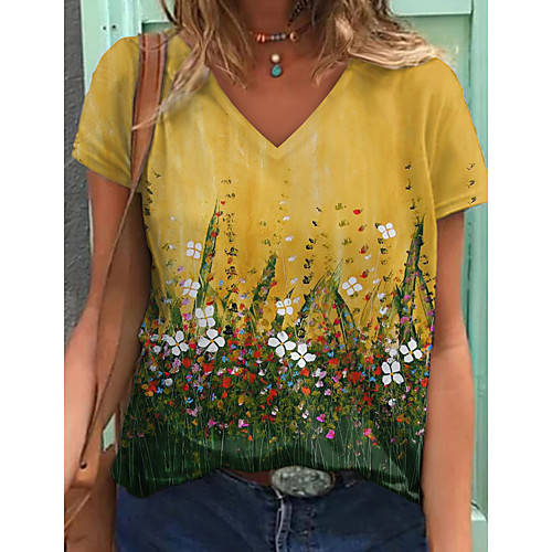 

Women's T shirt Graphic Floral Print V Neck Tops Basic Basic Top White Yellow