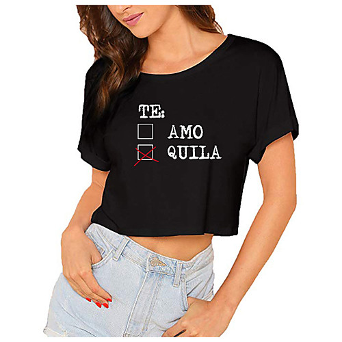 

Women's Crop Tshirt Text Print Round Neck Tops 100% Cotton Basic Basic Top White Black