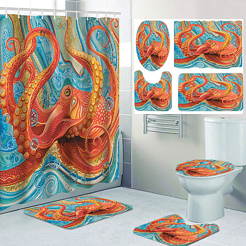 

Red Octopus Cartoon Design Pattern Bathroom Shower Curtain Leisure Toilet Four-piece Set Including Hooks and Cushions