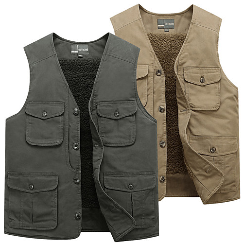 

Men's Fishing Vest Hiking Fleece Vest Sleeveless Vest / Gilet Jacket Top Outdoor Thermal Warm Lightweight Fleece Lining Breathable Autumn / Fall Winter Cotton Solid Color Army Green Khaki Hunting