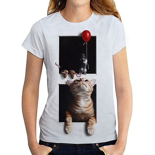 

Women's T shirt Cat Graphic 3D Print Round Neck Tops Basic Basic Top White