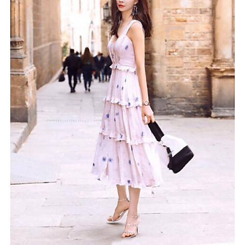 

A-Line Bohemian Floral Holiday Cocktail Party Dress V Neck Sleeveless Tea Length Chiffon with Pleats Pattern / Print 2021