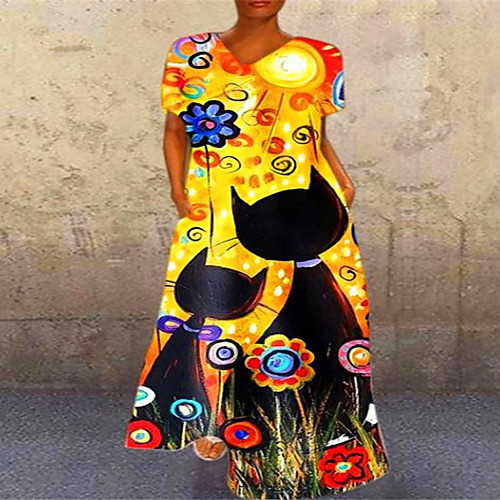 

Women's Swing Dress Midi Dress Blue Yellow Short Sleeve Print Patchwork Print Fall V Neck Casual 2021 S M L XL XXL 3XL 4XL 5XL / Plus Size