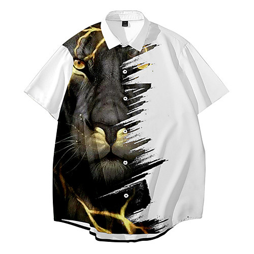 

Men's Shirt 3D Print Lion Animal Button-Down 3D Print Short Sleeve Daily Tops Casual Fashion Hawaiian White