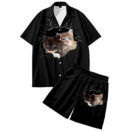 

Men's Shirt Suits 3D Print Cat Animal Button-Down 3D Print Short Sleeve Daily Tops Casual Fashion Breathable Black