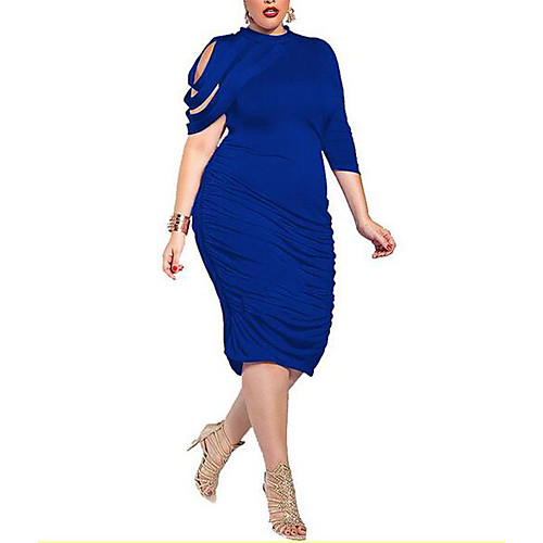 

Women's Bodycon Knee Length Dress Black Purple Royal Blue Brown Half Sleeve Blue Solid Colored Summer Crew Neck Asymmetrical L XL XXL 3XL 4XL 5XL