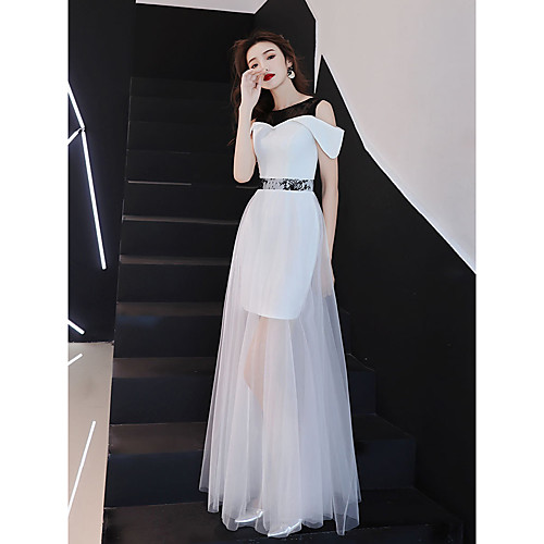 

A-Line Color Block Maxi Holiday Wedding Guest Dress Jewel Neck Short Sleeve Floor Length Lace Tulle Stretch Fabric with Lace Insert 2021