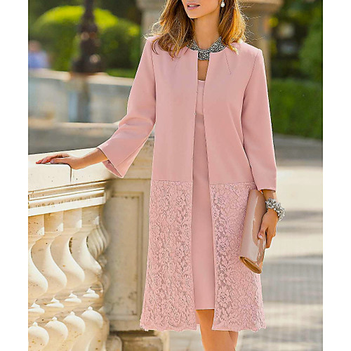 

Sheath / Column Mother of the Bride Dress Plus Size Elegant Jewel Neck Knee Length Polyester Long Sleeve with Appliques 2021