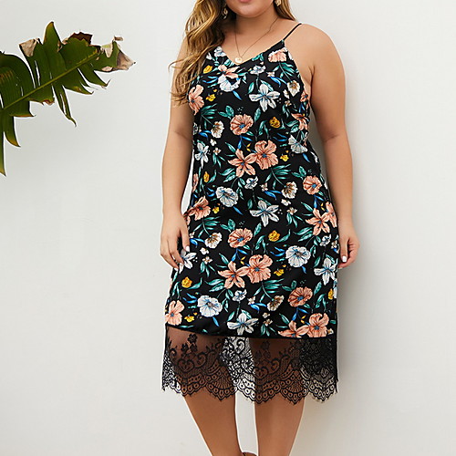 

Women's Plus Size Floral Print Casual Sleeveless Autumn / Fall Knee Length Dress Strap Dress Black