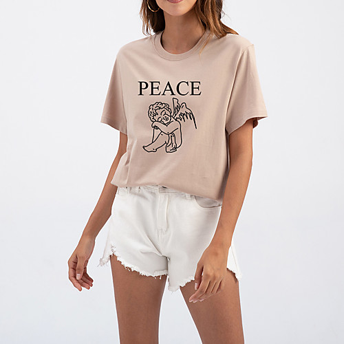 

Women's T shirt Graphic Portrait Letter Print Round Neck Tops Cotton Basic Basic Top White Black Purple