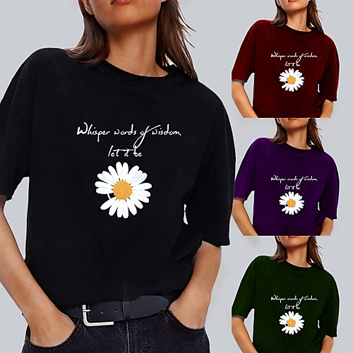 

Women's Tee / T-shirt Pure Color Crew Neck Flower Letter Printed Sport Athleisure T Shirt Top Short Sleeves Breathable Soft Comfortable Everyday Use Street Casual Daily Outdoor