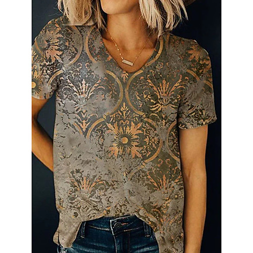 

Women's T shirt Graphic Print V Neck Tops Basic Basic Top Khaki