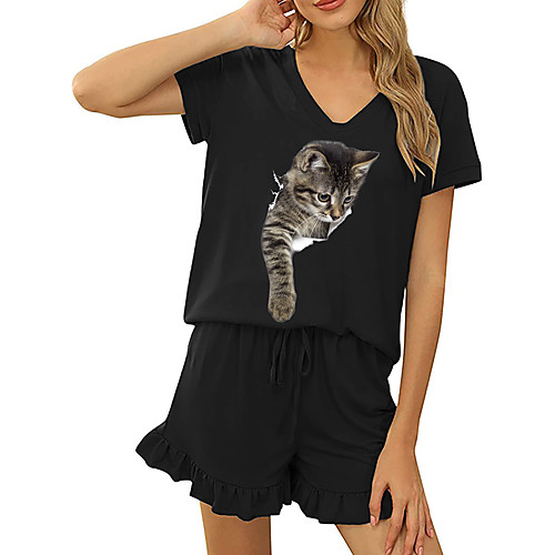 

Women Basic Streetwear 3D Print Cat Vacation Casual / Daily Two Piece Set Tracksuit T shirt Loungewear Shorts Drawstring Ruffle Print Tops