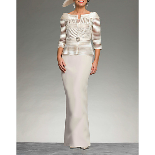

Two Piece Mother of the Bride Dress Elegant Jewel Neck Ankle Length Italy Satin 3/4 Length Sleeve with Crystal Brooch Ruching 2021
