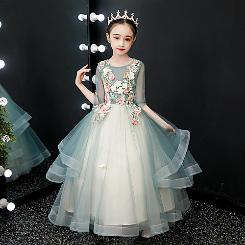 

Princess Floor Length Formal Evening / Pageant Flower Girl Dresses - Tulle Half Sleeve Jewel Neck with Beading / Tier / Appliques