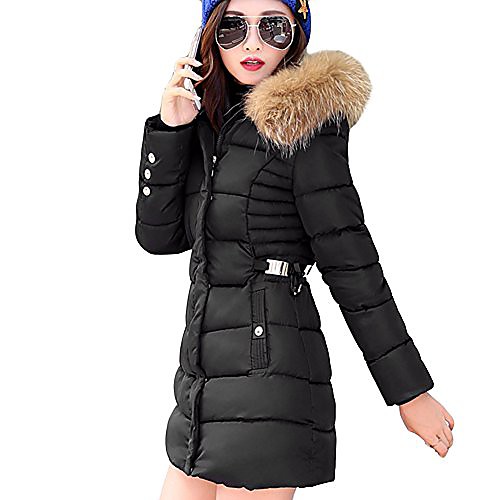 

locomo women synthetic puffer insulated jacket coat faux fur hooded ffj059blkl black