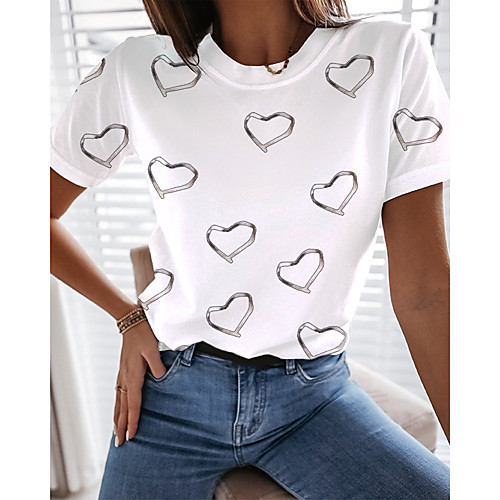 

Women's T shirt Graphic Heart Print Round Neck Tops Basic Basic Top White Blue Gray