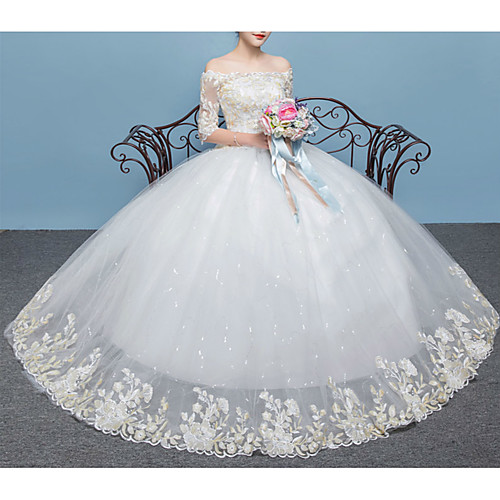 

Princess Ball Gown Wedding Dresses Off Shoulder Floor Length Lace Tulle Sequined Half Sleeve Romantic Sparkle & Shine with Sequin Appliques 2021