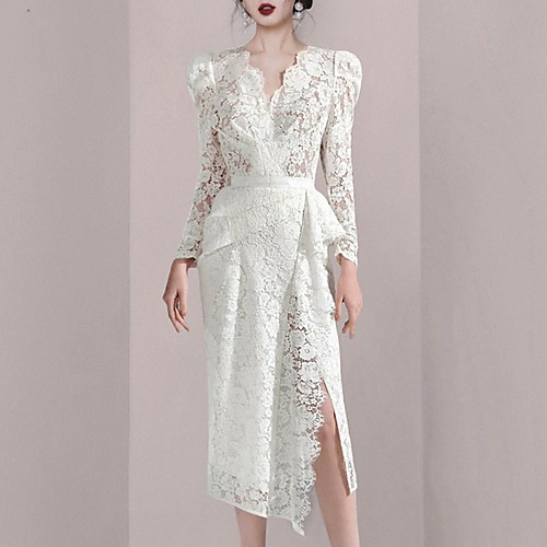 

Sheath / Column Cut Out Sexy Wedding Guest Cocktail Party Dress V Neck Long Sleeve Tea Length Lace with Ruffles Split 2021
